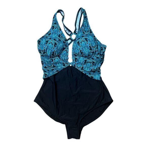 Venus Black Turquoise Print One-Piece Swimsuit Cross Strap Womens Plus Size 18 - Picture 11 of 11